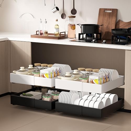 Furnestorica Lot de 2 Tiroir Extensible avec Rail Coulissant, Module de Rangement Ajustable 32 à 53 cm, Solution d'Organisation pour Espace Culinaire - Blanc - 6