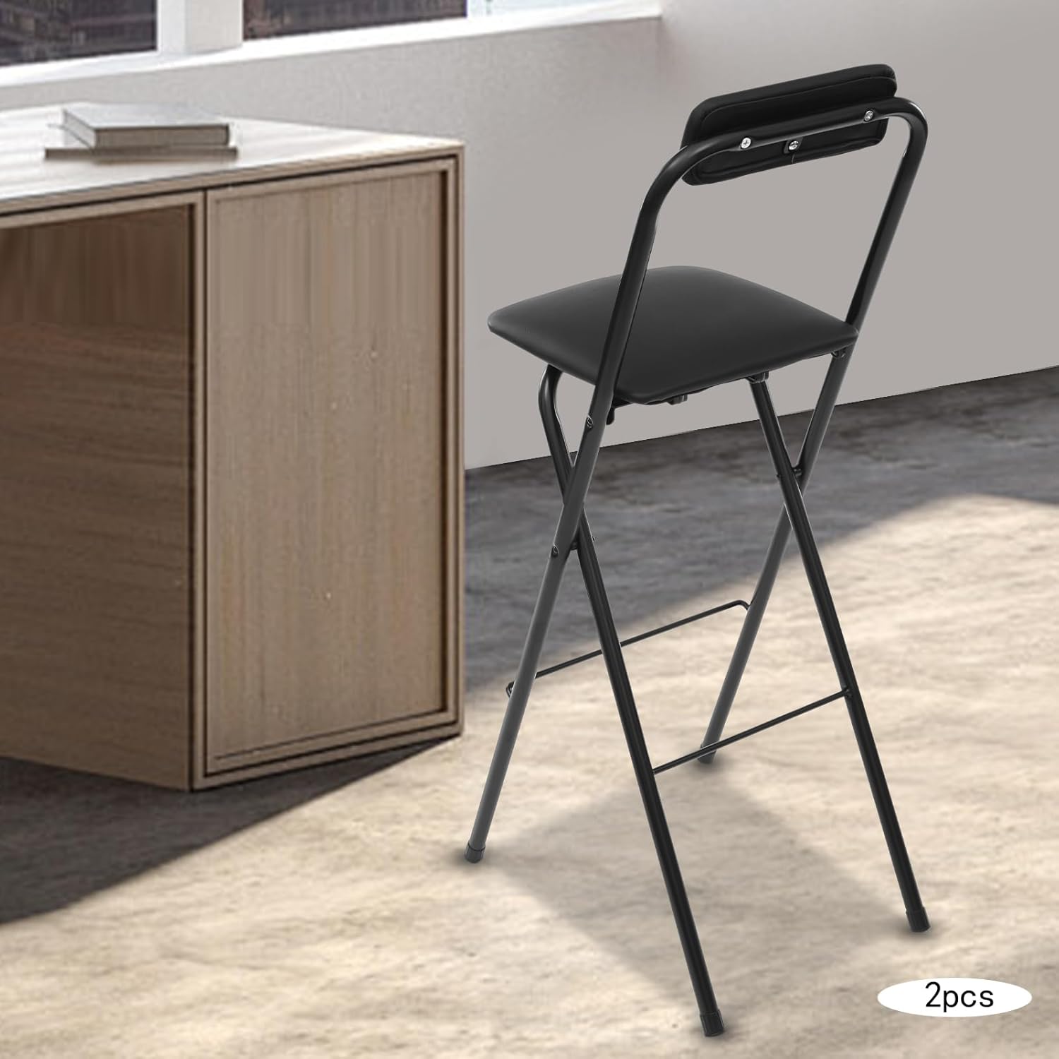 Folding Bar Stool with Backrest, 29 Inch Leather Padded Counter Height Foldable Stool Portable Tall Foldable Stool Chair 275LBS for Gardening Outdoor Kitchen Camping Shop Cafe (Black, 2 Pack)