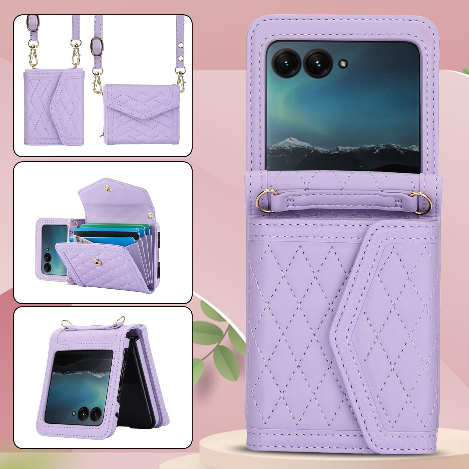 Asuwish Phone Case for Motorola Razr 40 Ultra/Moto Razr Plus 2023 Wallet Cell Cover with RFID Blocking Credit Card Holder Slot Shoulder Crossbody Strap Stand Razr+ + 5G XT2321-3 Women Men Girls Purple