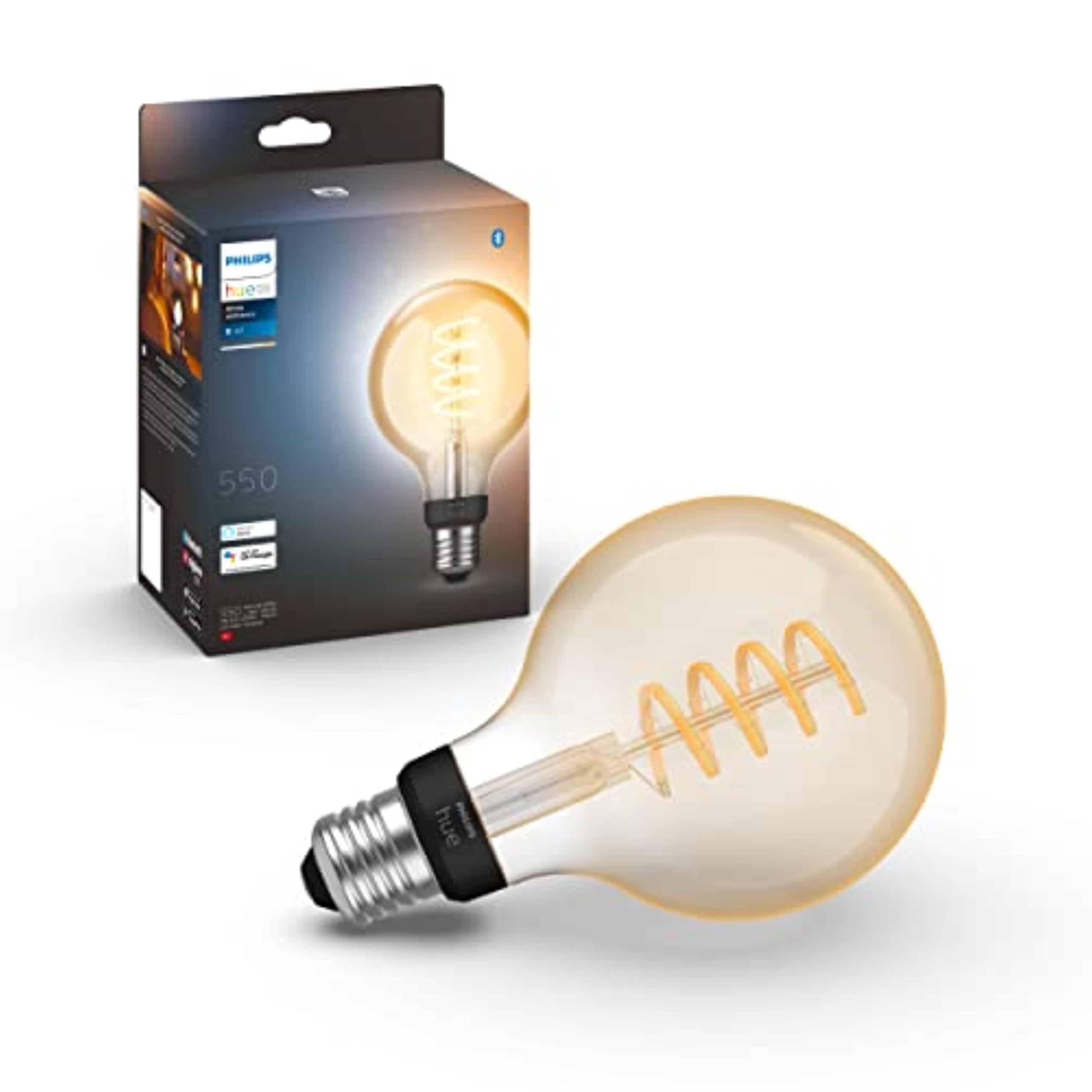 Philips Hue White Ambiance Filament Single Smart LED Globe [E27 Edison Screw] - 550 Lumens. Works with Alexa, Google Assistant and Apple Homekit