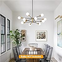 Vista 8 de Lámpara de techo moderna de 33 pulgadas, candelabros Sputnik de 12 luces, candelabro de mediados de siglo dorado cepillado y negro sobre mesa