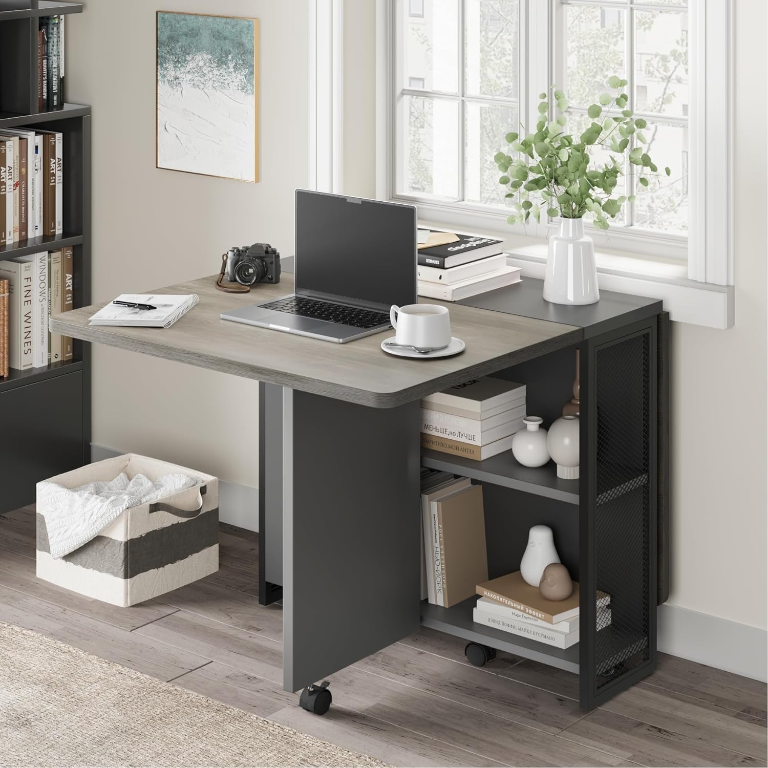 IDEALHOUSE Folding Dining Table, Drop Leaf Dining Table with 6 Wheels and 2-Layer Storage Shelf, Space Saving Dining Table for Small Spaces (Carlo Grey, 50.1" D x 31.4" W x 29.5" H) Carlo Grey 50.1"D x 31.4"W x 29.5"H image 3 of 7 B0DSW7KVNK