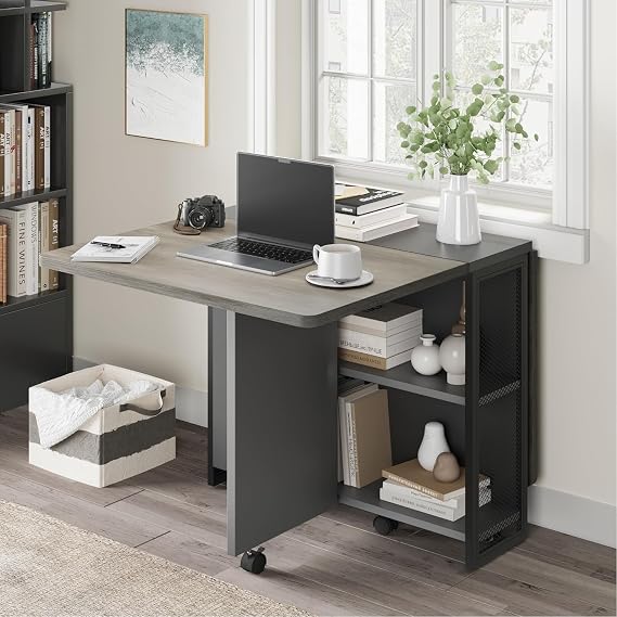 CABIHOME Folding Dining Table with 2 Tier Storage-Extendable Drop Leaf Space Saving Kitchen Dining Room Tables for 4, Collapsible Expandable Rectangle (Carlo Grey, 50.1 D x 31.4 W x 29.5 H)
