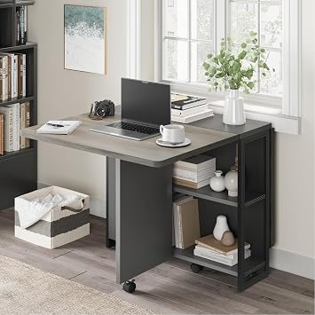 CABIHOME Folding Dining Table with 2 Tier Storage-Extendable Drop Leaf Space Saving Kitchen Dining Room Tables for 4, Collapsible Expandable Rectangle (Carlo Grey, 50.1 D x 31.4 W x 29.5 H)