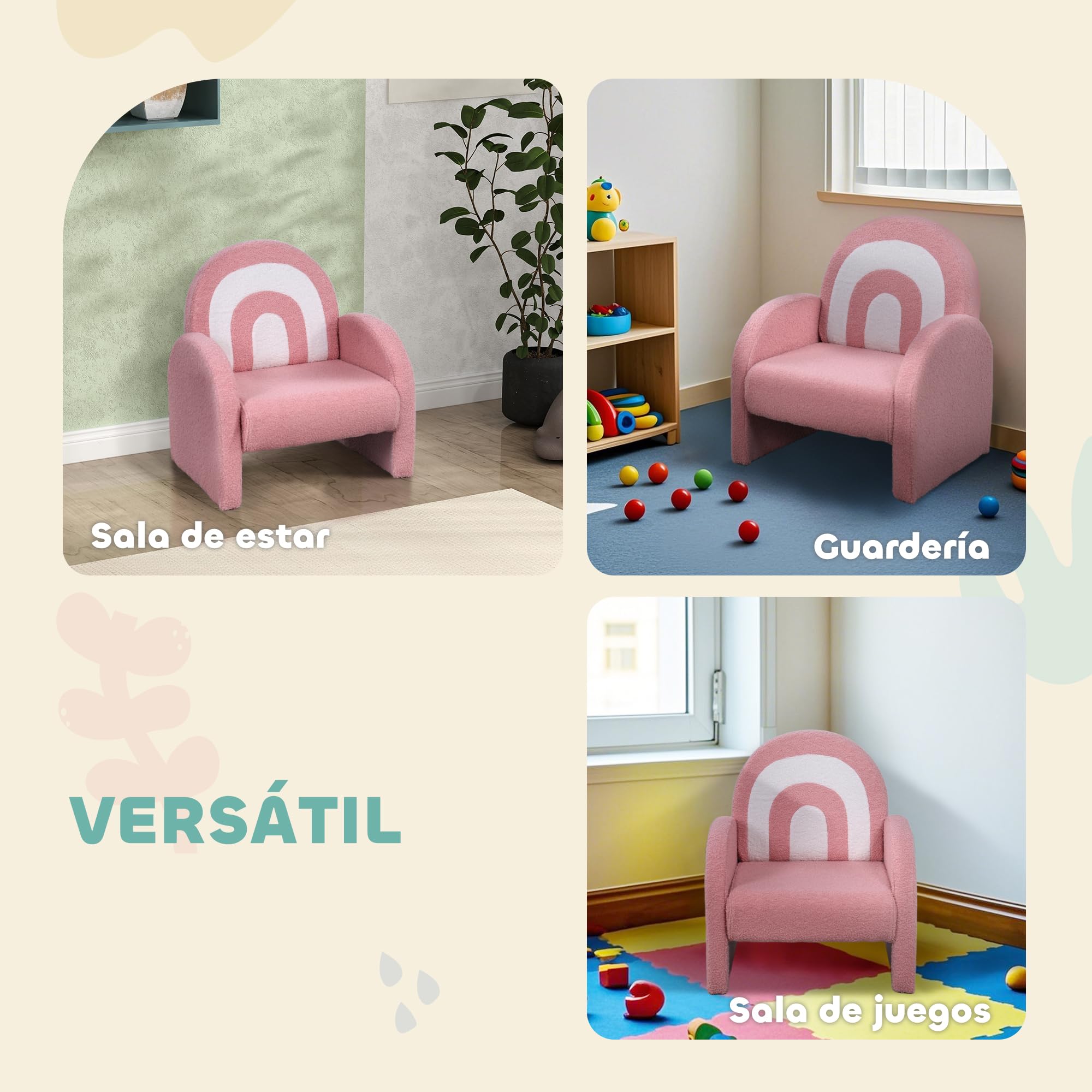 AIYAPLAY Poltrona per bambini con schienale arcobaleno Divano per bambini 18-96 mesi Braccioli in morbido tessuto trapuntato Carico 45 kg Rosa