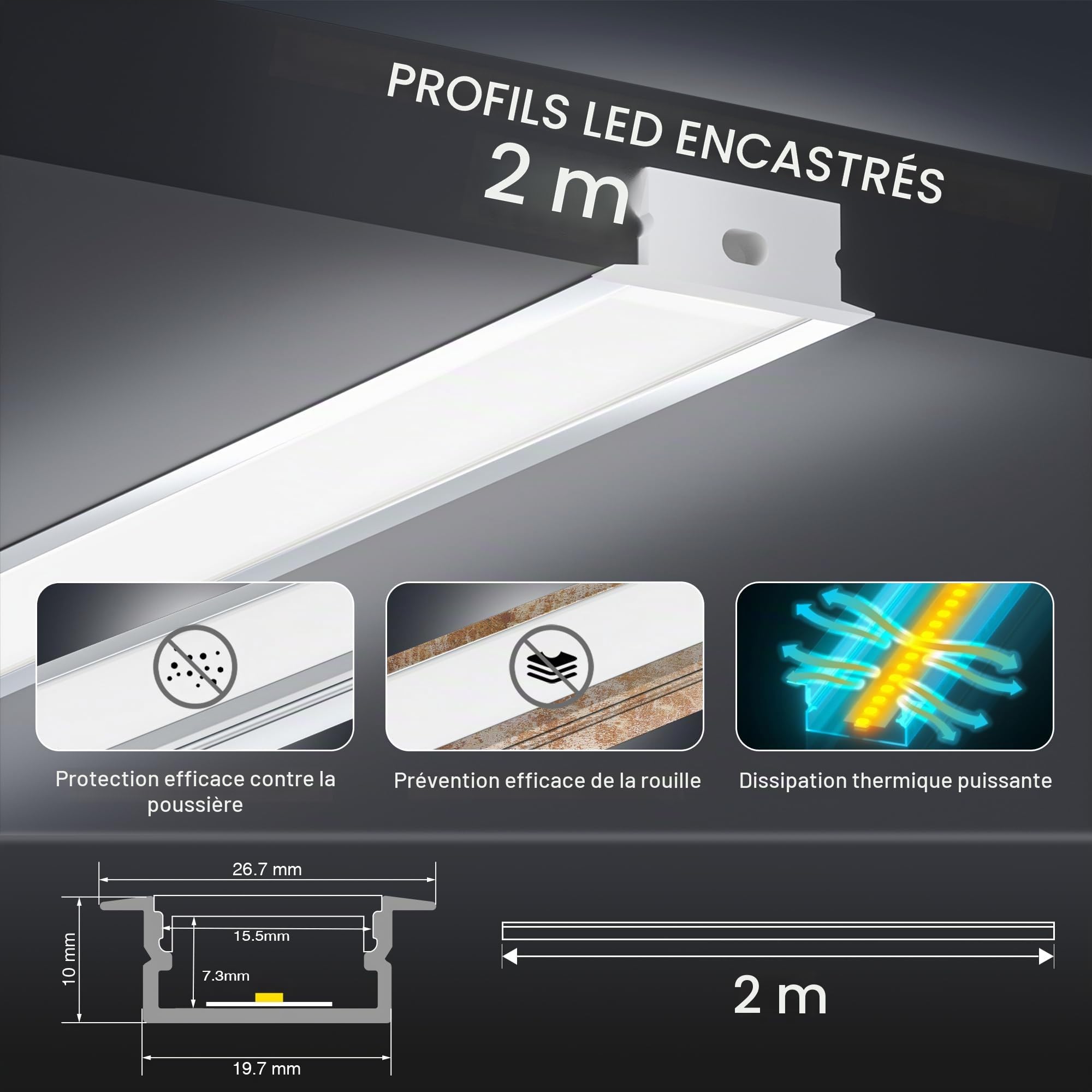 Shine Plus Profilé alu pour ruban LED 2 m x 20 pièces, rail Profilé U-forme taille 26,7mm x 10 mm, profilé encastrable diffuseur baguette profile, Largeur Maximale 16mm (20 × 2 Meter)