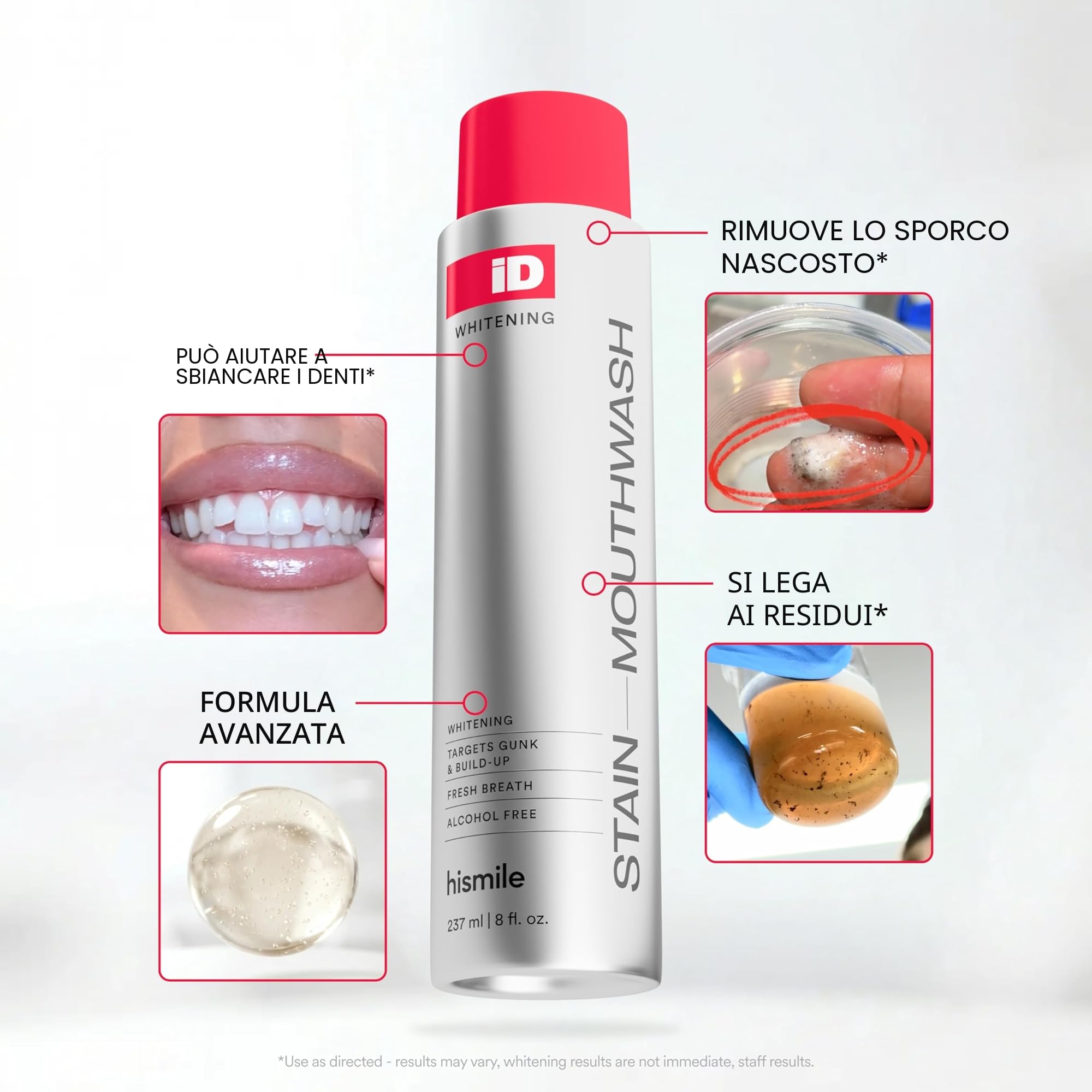Hismile iD Stain Collutorio Sbiancante – Collutorio Sbiancante Senza Alcol con Perossido di Idrogeno e Oli Essenziali, Rimuove i Depositi e Rinfresca l'Alito, 237ml