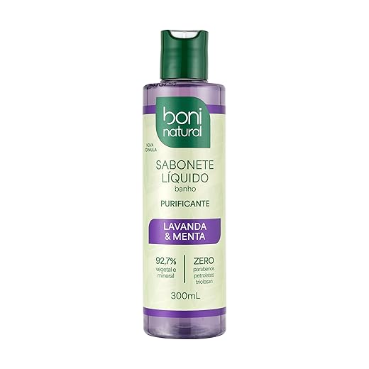 BONI NATURAL - Sabonete Líquido de Lavanda e Menta, Vegano e Natural, Altamente Hidratante e Perfumado, 300ml
