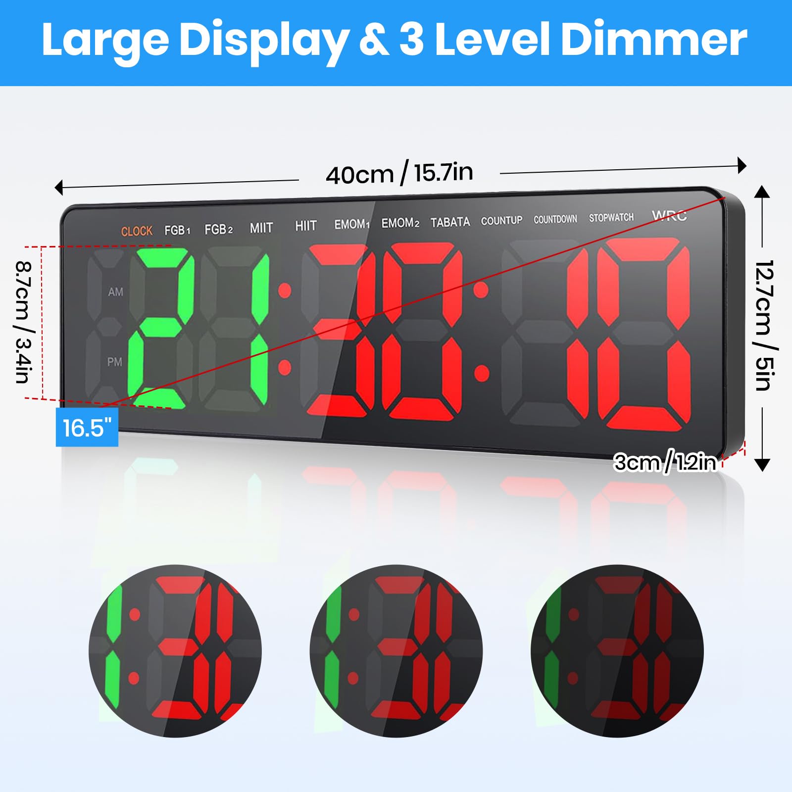 Palestra 16.5" Grande LED Timer Allenamento a Intervallo, Orologio da Parete Digitale Countdown Countup Cronometro, 3 Luminosità Volume Regolabile