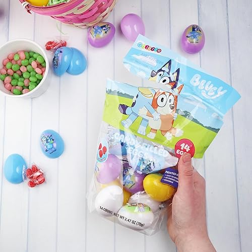Miniatura 6 de Huevos de Pascua con temática de Bluey, bolsas de dulces duros rojos en el interior, ideales para caza de huevos, 2.47 onzas, 14 unidades