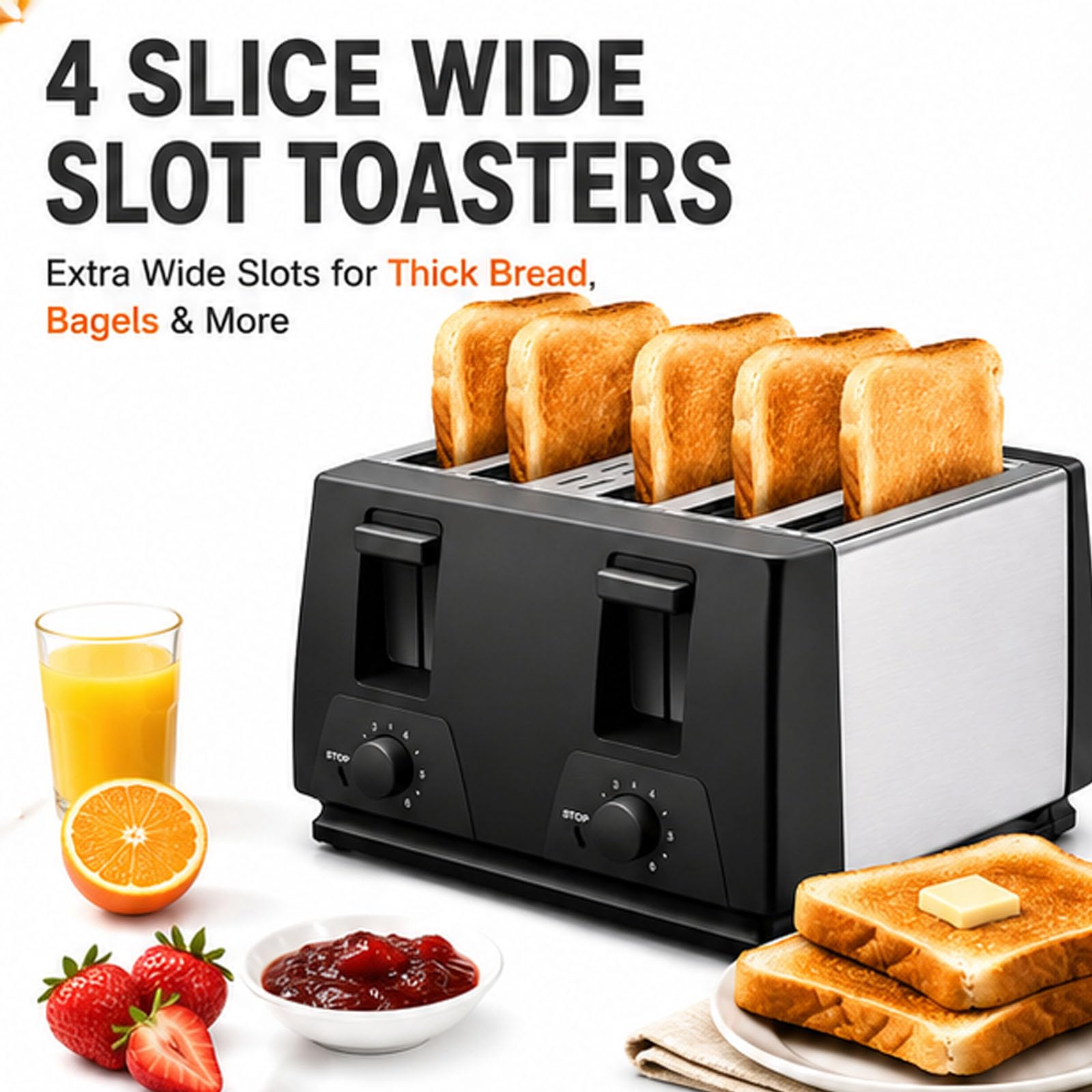 4 slot tostapane con 7 ° impostazioni di marronamento, 35mm slot extra larghe, funzioni di annullamento e riscaldamento, vassoio di briciola rimovibile, acciaio inossidabile, per Bagels French Toast