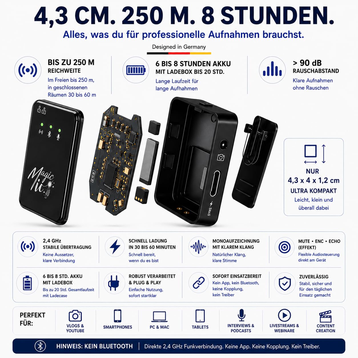 MagicMic™ 2in1 Mikrofon (3. Generation) Content Creation, Lavalier-Funkmikrofon mit Geräusch­unterdrückung für PC, iPhone, Interviews, YouTube, Vlogs (2 Sender + 1 Empfänger + Ladebox + Adapter)