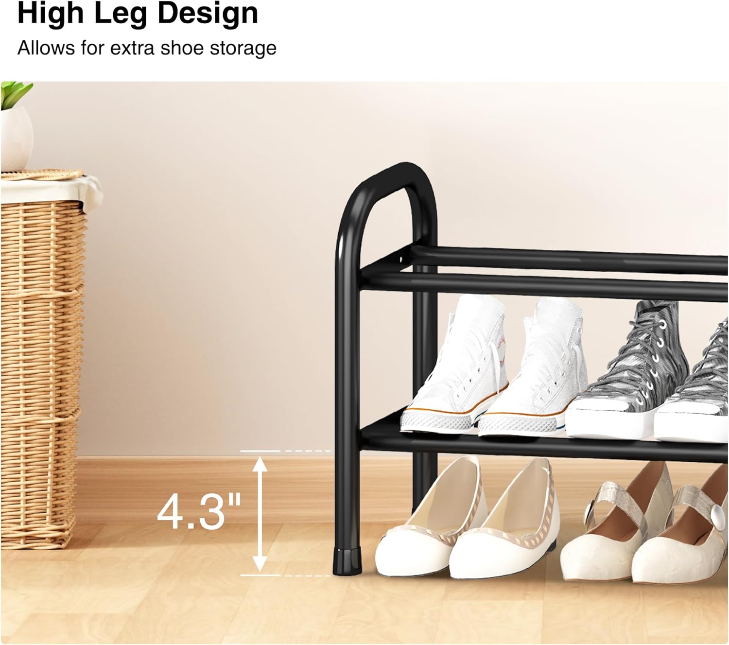 STO STO Long Expandable Shoe Rack 2-Tier, Adjustable Length 33.7”–47.5” Shoe Organizer, Metal Shoes Storage Shelf, Holds Up to 18 Pairs, Non-Slip Feet, for Closet, Entryway, Hallway, Front Door, Black