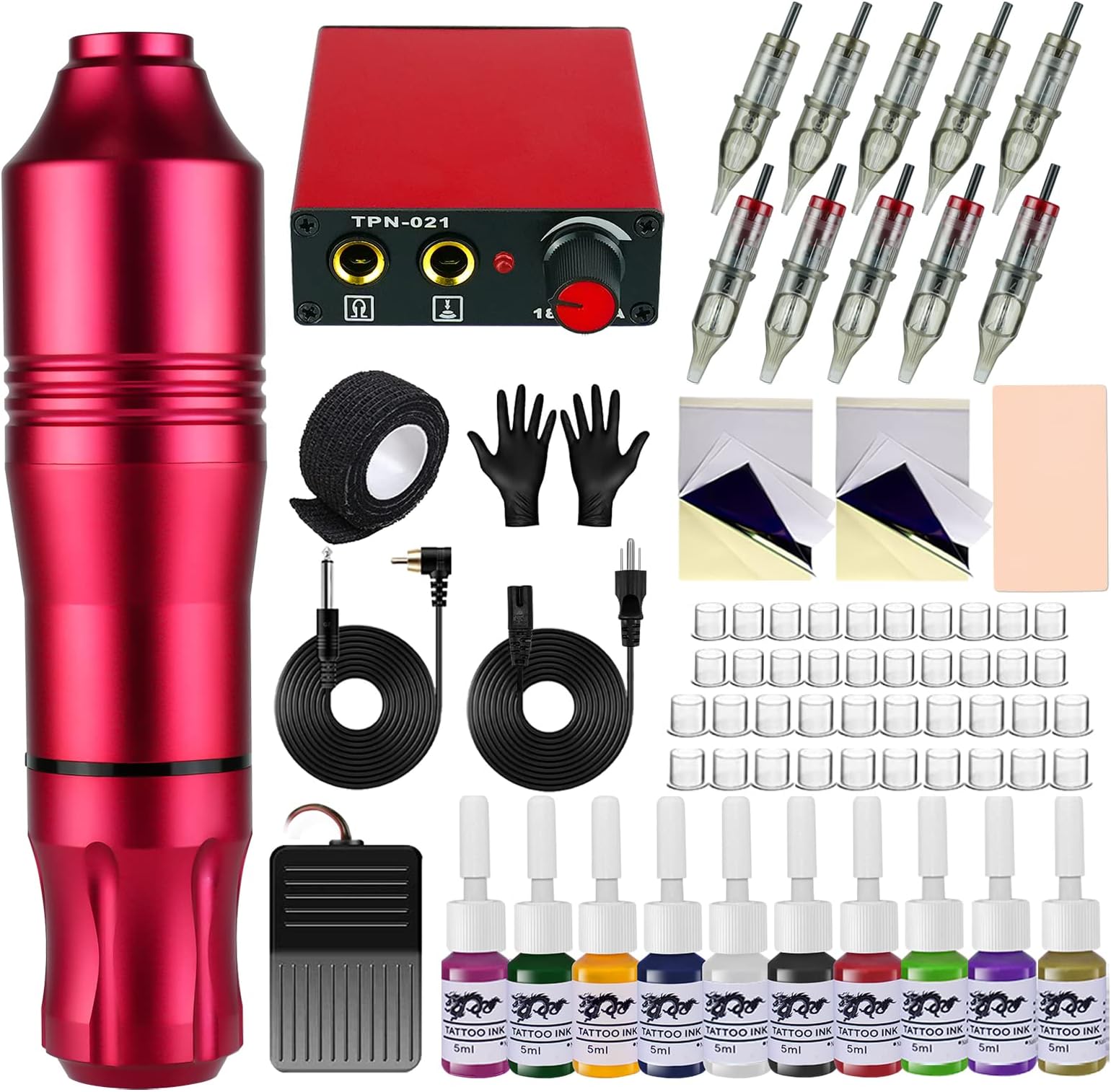 BLACKBUDDA Tattoo Machine, Complete Rotary Tattoo Machine Kit for Professionals with Feed and Pigment, 10 Cartridge Needles (Red), 1.Red