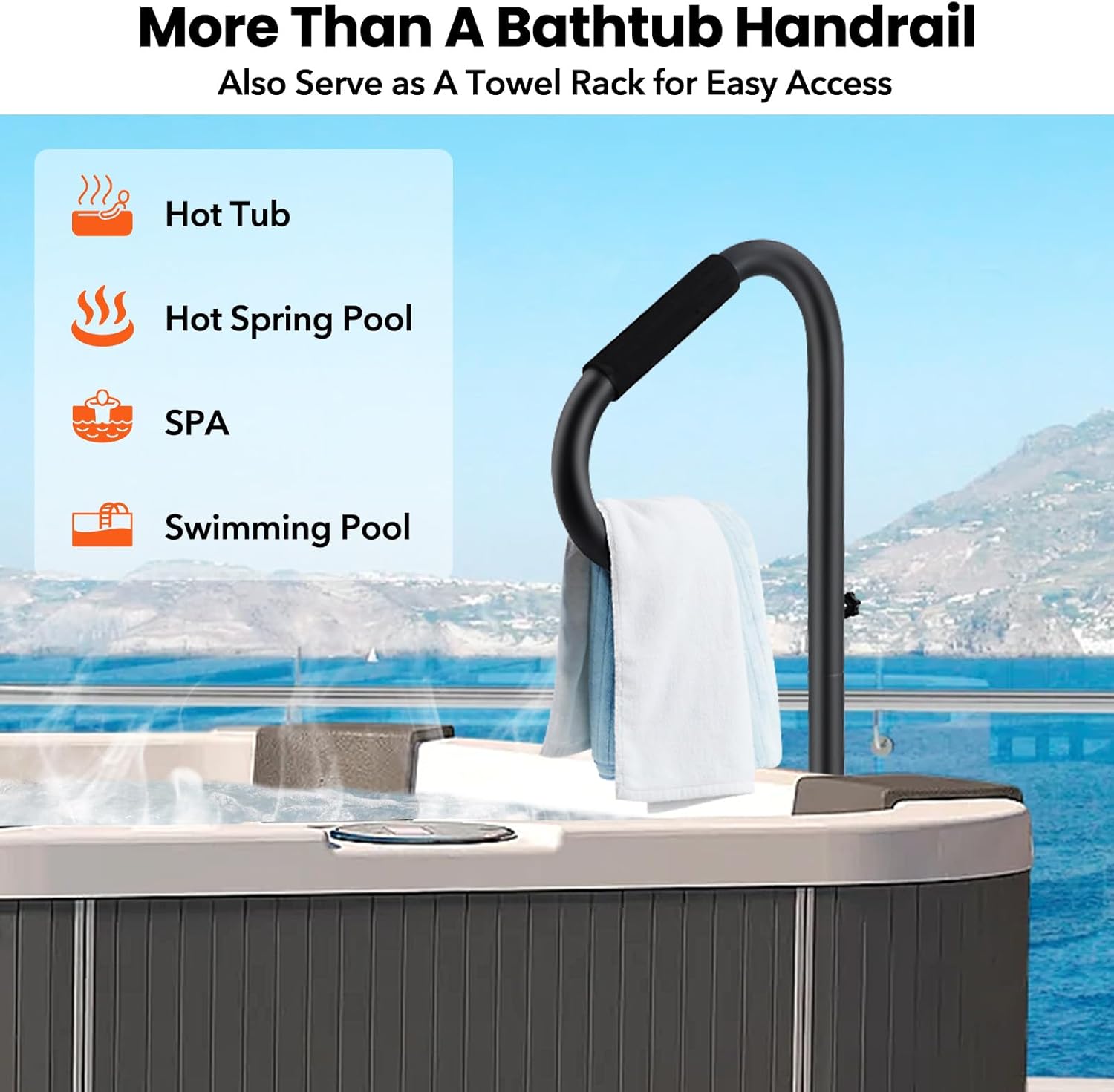 Garvee Hot Tub Handrail, 360° Rotatable Spa Side Handrail with 35"～57 in Adjustable Height, Hot Tub Hand Rail with Slide-Under Base and Non-Slip Grip for Indoor & Outdoor