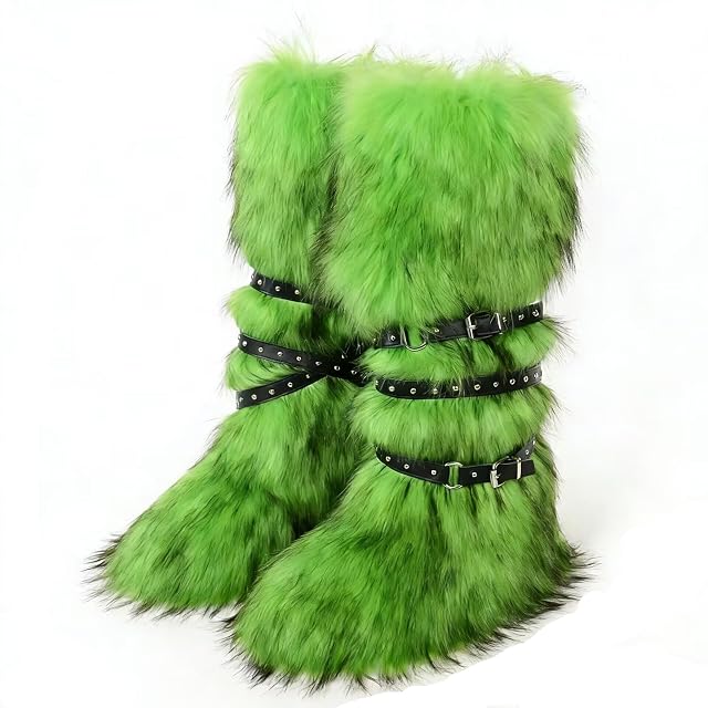 Knee High Fur Boots for Women Faux Fur Boots Fluffy Round Toe Winter Cosy Plush Warm Outdoor Snow