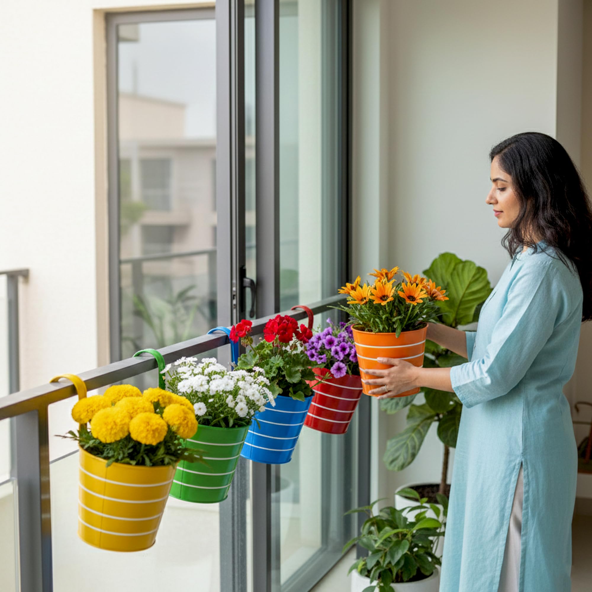 Urban Plant Railing Hanging Metal Planter Pot | Gamla for Balcony | Bucket Planter for Home Decor | Pot for Indoor & Outdoor - Pack of 5 (Lining) 2