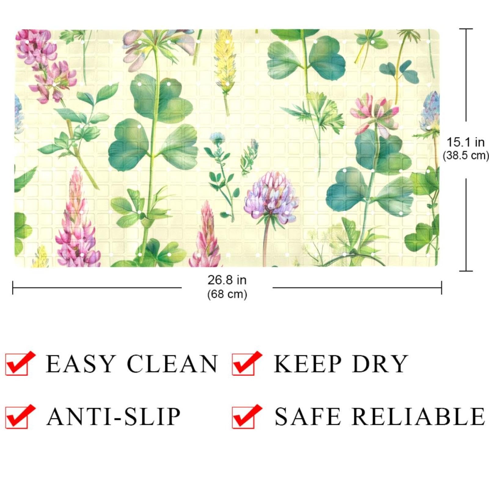 Badematte mit Saugnäpfen, Motiv: Wildblumen, Wiese, blühendes Klee, 40 x 70 cm, rutschfeste Badezimmermatten, maschinenwaschbar