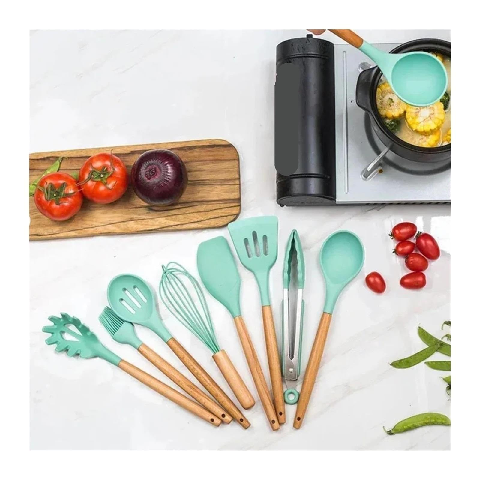 Juego de 12 utensilios cocina silicona con mango madera, antiadherentes, espátula, pala, batidores huevos(White 12Pcs)