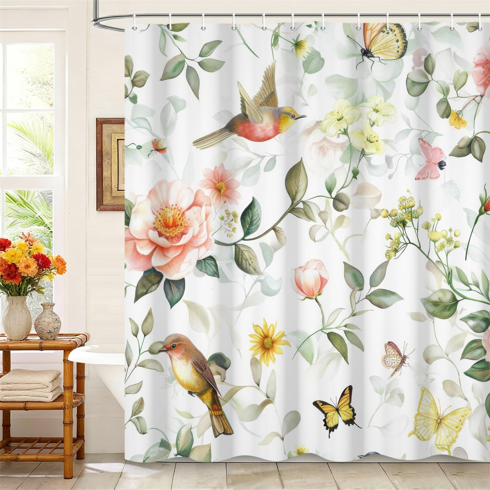 Kzzfqxb 183x198cm Floral Shower Curtains with Plastic Hooks, Botanical Pink Yellow Flowers Leaves Birds Butterflies Waterproof Occluded for Bath, Elegant Polyester Fabric for Bathroom Bathtub — image 1