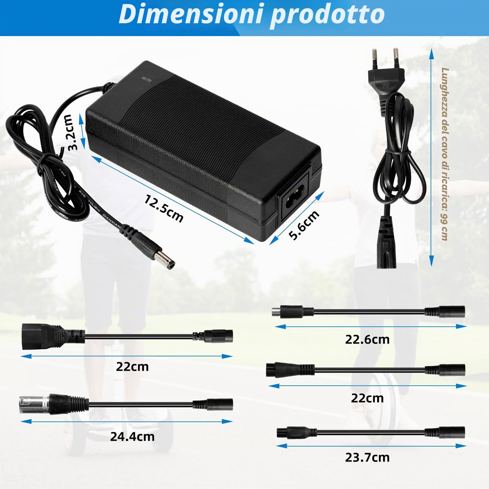 Caricatore Monopattino Elettrico, 42V 2A Caricabatteria per Scooter Elettrico, con 6 Connettori, per M365 Scooter, 36V Hoverboard, Bici Equilibrata, Drifting Board