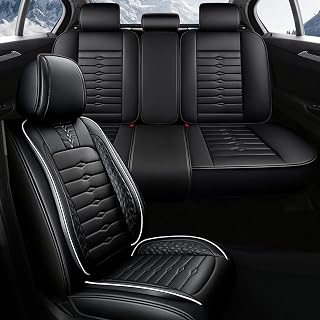 5 Seat Covers for Ford Focus Electric 2012-2018 Napa Leather Seat Covers Water and Dust Resistant Soft Car Seat Protectors Comfortable Car Seat Covers with Airbags (Black+White Bars, Standard)