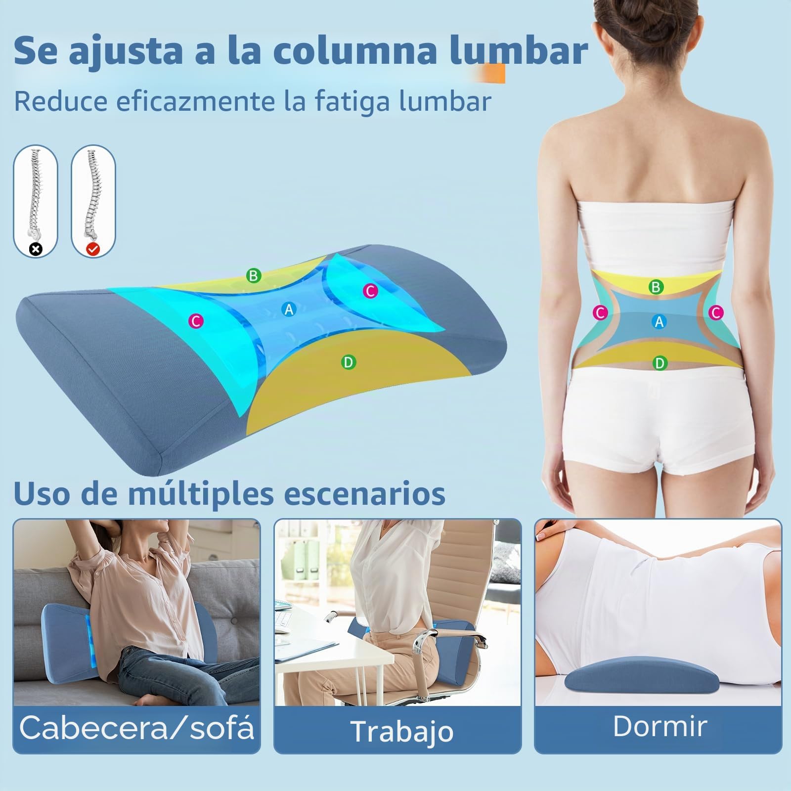 Hydomi Almohada de apoyo lumbar para cama, almohada de espuma viscoelástica de gel refrescante para dolor lumbar, cojín ergonómico de apoyo lumbar para dormir, almohada de apoyo para la espalda para s