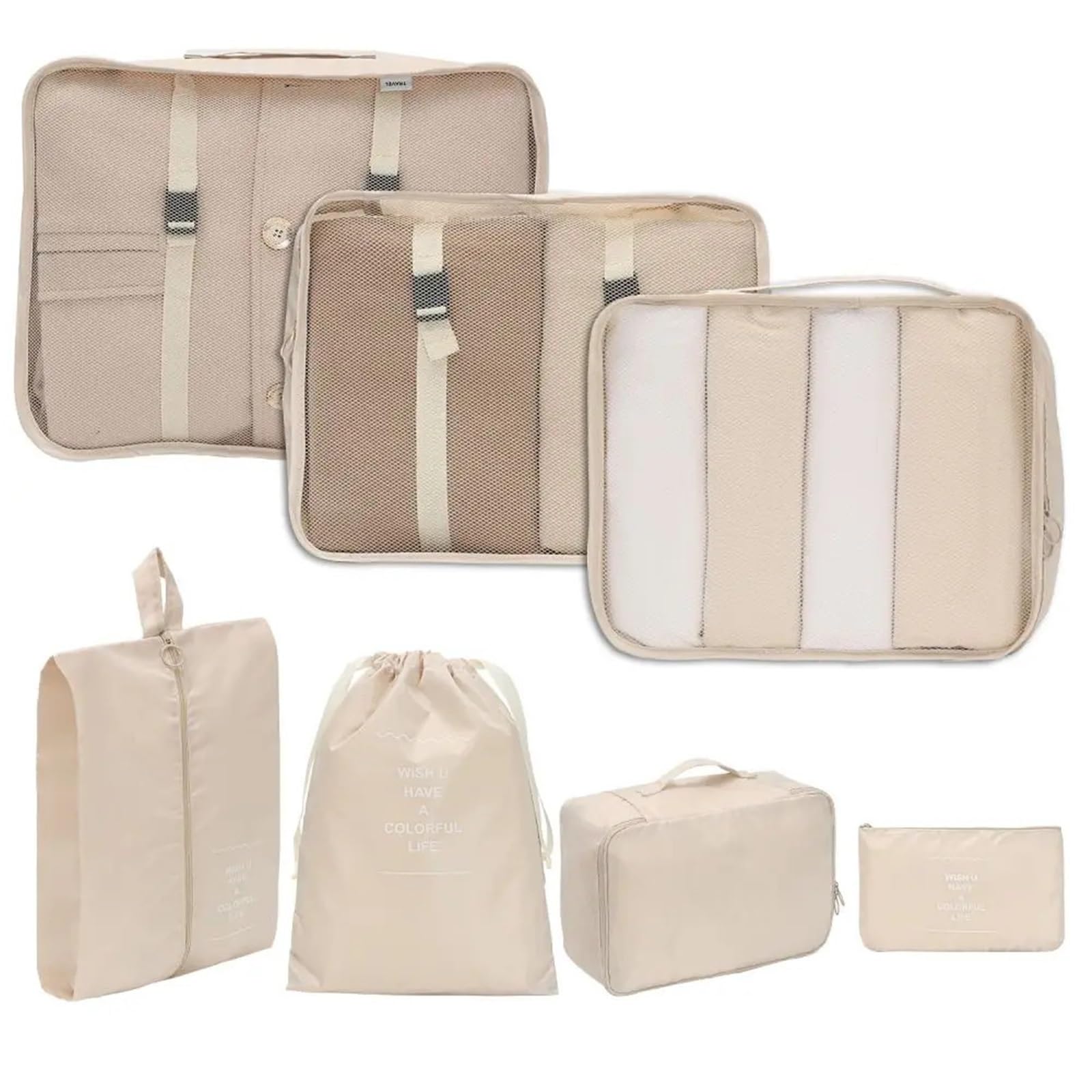Set di 7 contenitori portaoggetti da viaggio essenziali for articoli da toeletta e trucco, valigia, abbigliamento, scarpe e biancheria intima. Per Risparmiare Spazio Nella Valigia(Pink)
