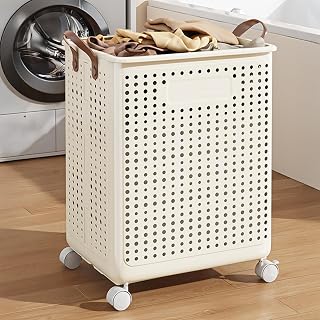 Laundry Basket with Wheels, Collapsible Clothes Hamper with Reinforced Handles, Freestanding Waterproof Laundrys Hamper for Bedroom and Laundry Room, Bathroom Beige L