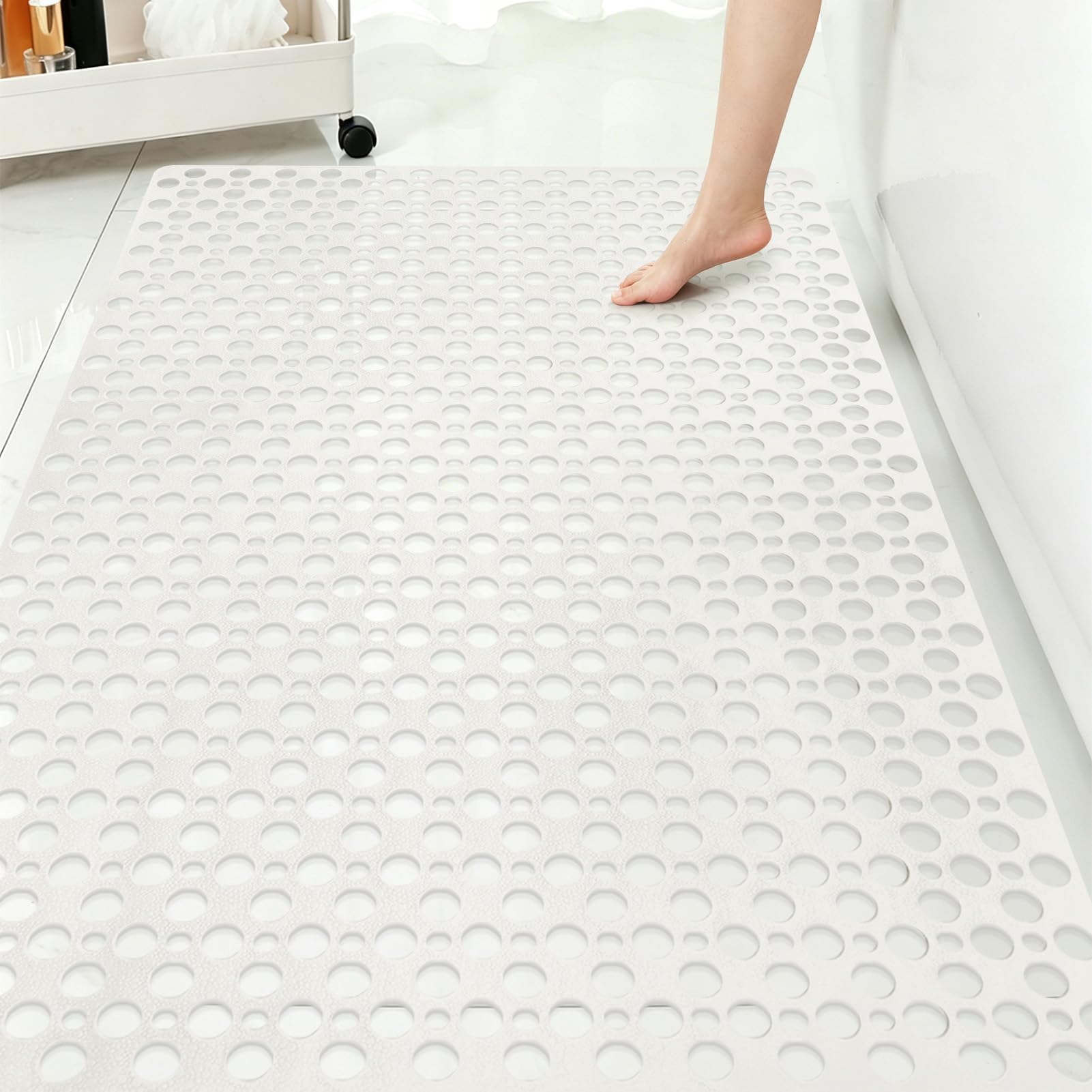 Tapis de douche antidérapant - 80 x 120 cm - En TPE souple - Antidérapant - Avec ventouses - Extra long - Sans BPA - Grand tapis de douche antidérapant à séchage rapide (grand blanc, 80 x 120 cm)