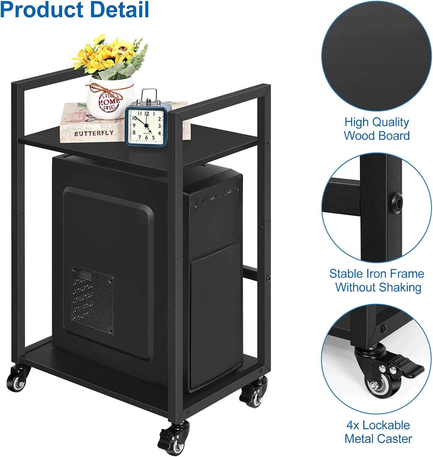 SEHERTIWY 2 Tier Computer Tower Stand, Black CPU Holder Cart with Rolling Caster Wheels, Mobile PC Tower Stand for Office Home Studio