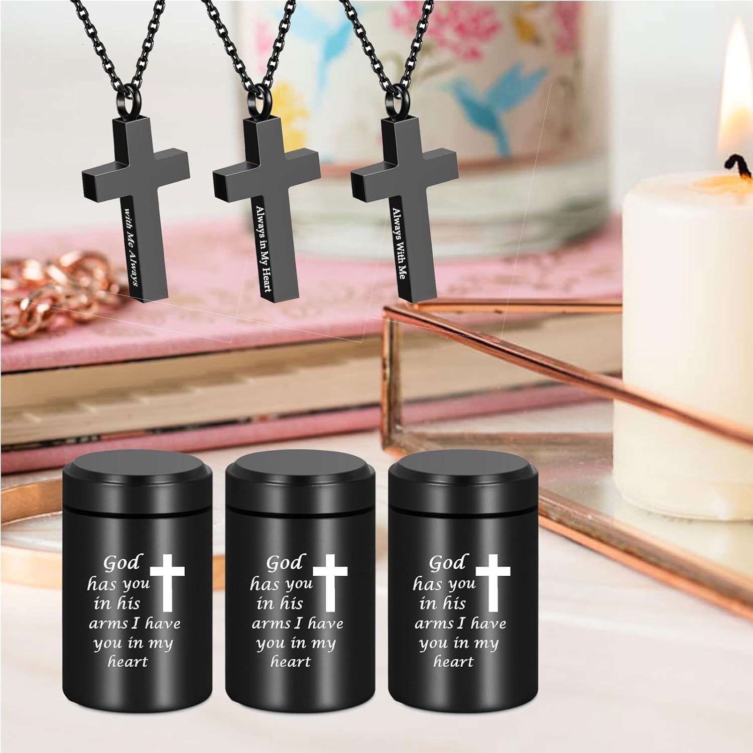 Small Cremation Urn for Human Ashes Set of 6 - Cremation Keepsake Urn for Ashes Adult Male Sharing Urns with Necklace Urn，Set of 6 Black Cross