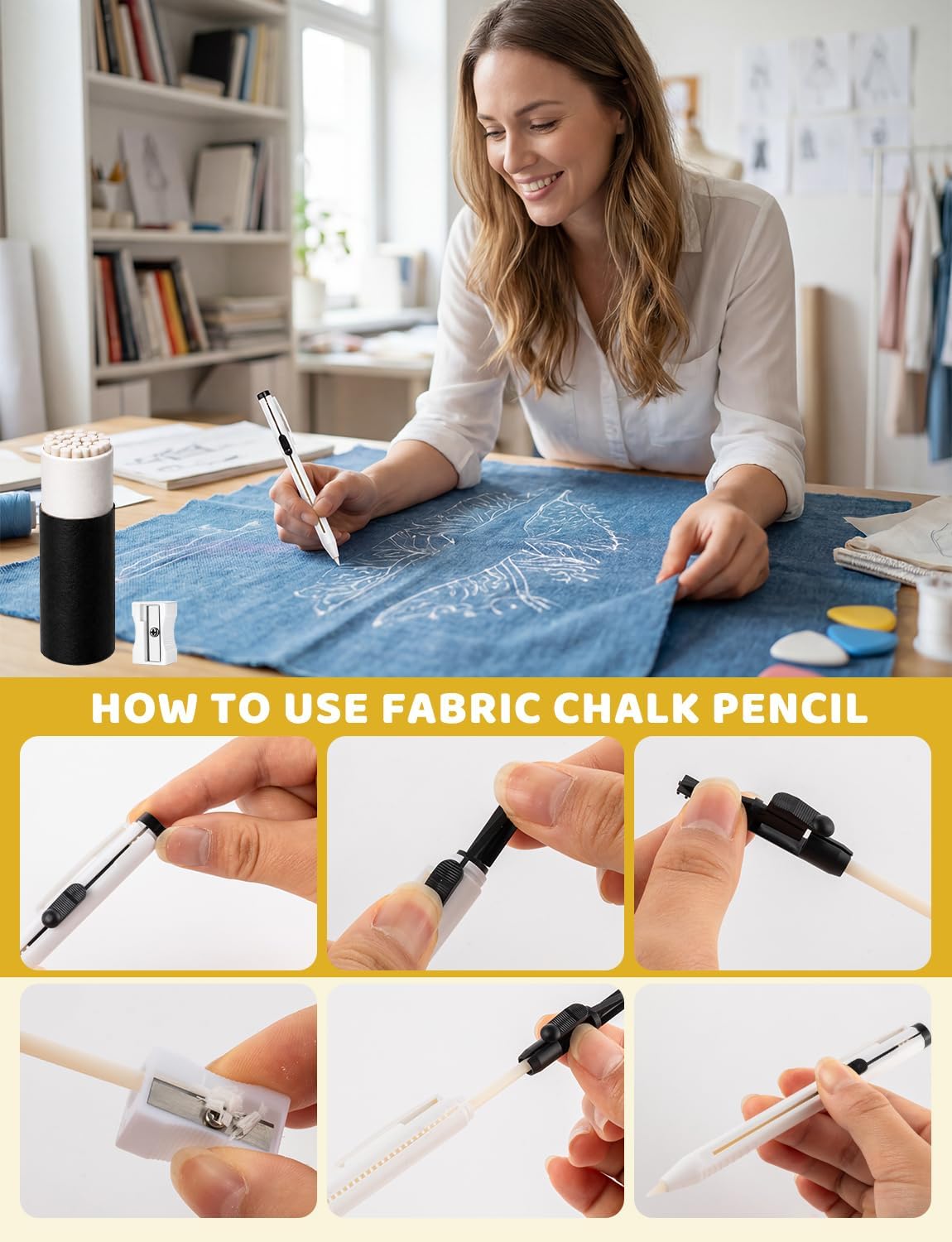 39Pcs Tailors Chalk and Fabric Pencil Set for Sewing, Includes 3 Sewing Fabric Pen, 25 Refill, 1 Sharpener, 10 Triangle Sewing Chalks, Professional Fabric Marking Tools for Quilting & Tailoring