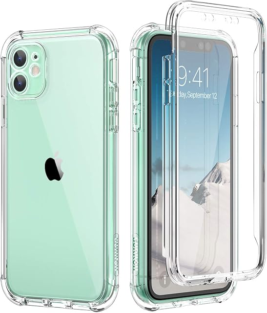 SURITCH Compatible with iPhone 11 Case 360 Shockproof, Clear Cover and Silicone TPU Bumper and Screen Protector, Front and Back Full Body Drop Proof Anti Yellow Case for iPhone 11 6.1 Inch - Clear