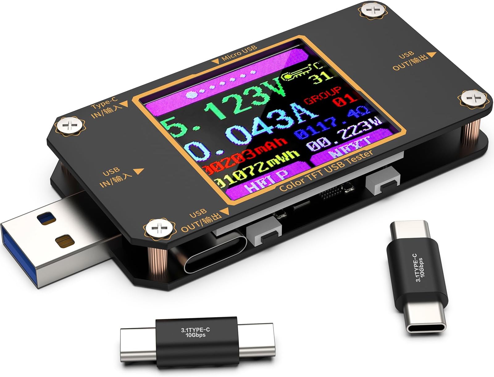USB Tester Meter, USB C Power Meter, Current Meter, 2-in-1 Digital Multimeter, Voltage Voltmeter, Current, Charging Current, Power Capacity, Working Time Detector Ammeter with Type-C Adapter (A3)