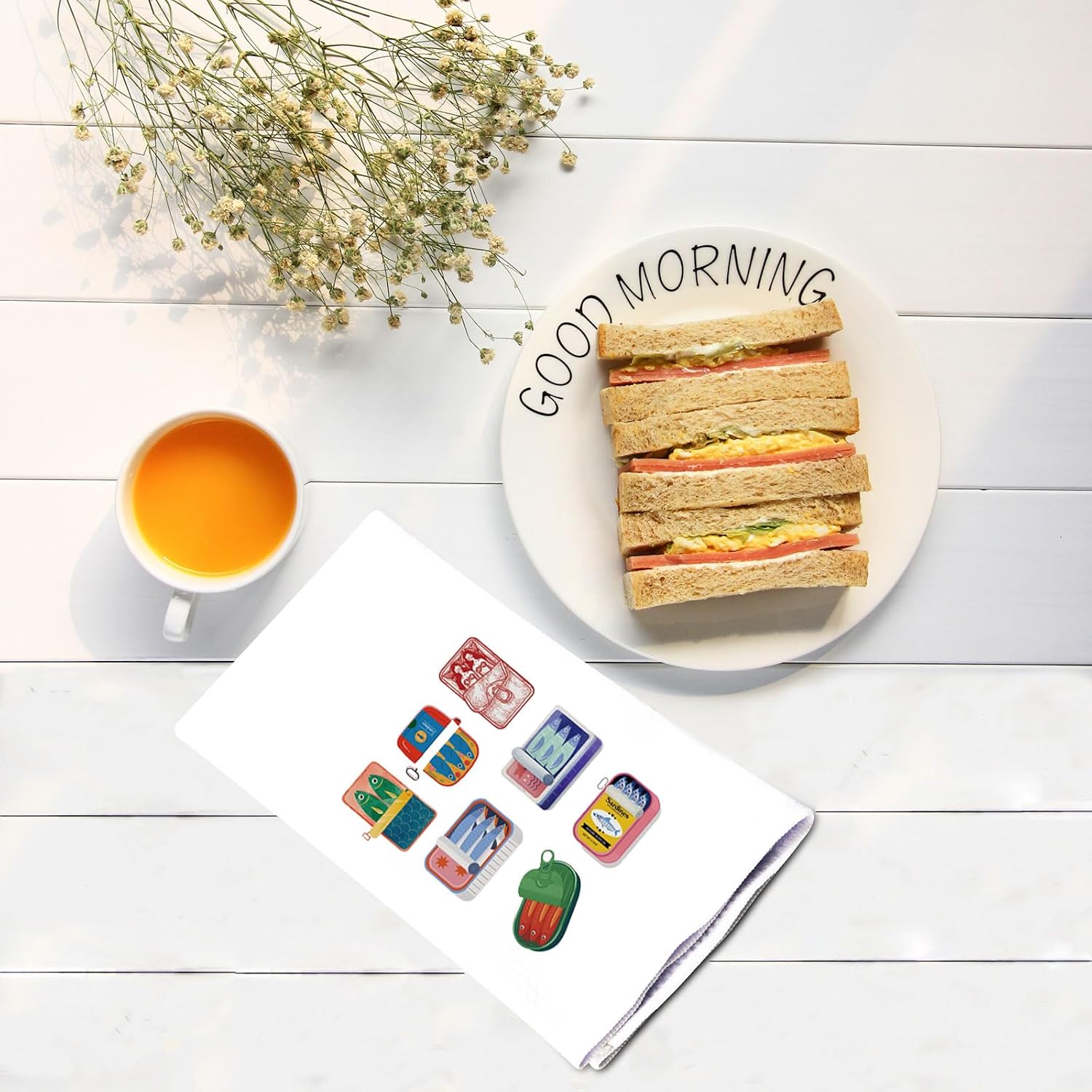 G2TUP Funny Kitchen Towels Sardines Tin Flour Sack Dish Towel White Hand Towels Kit Perfect Housewarming Gift New Home (Sardines Tin KT) image 4