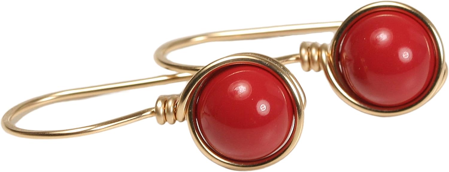Jessica Luu Jewelry Gold Red Coral Pearl Drop Earrings for Women Wire Wrapped Handmade