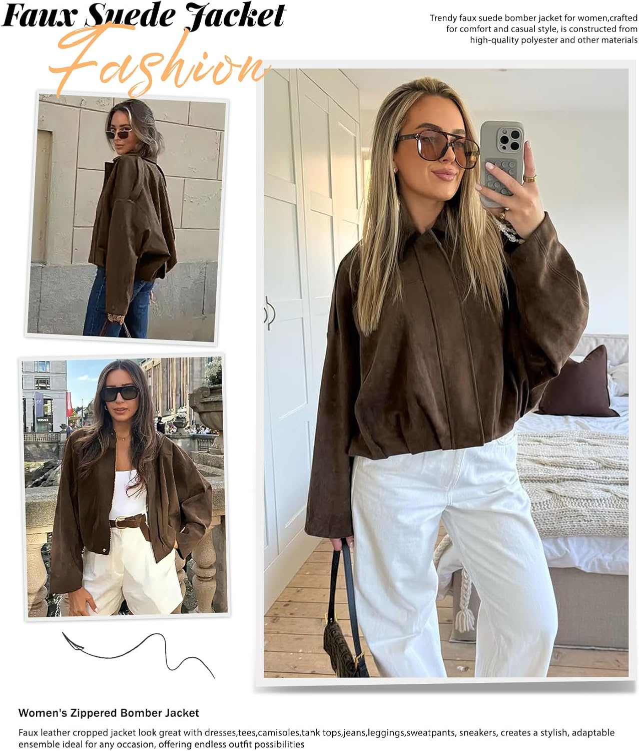 Womens Faux Suede Bomber Jacket Oversized Long Sleeve Cropped Coat image 2