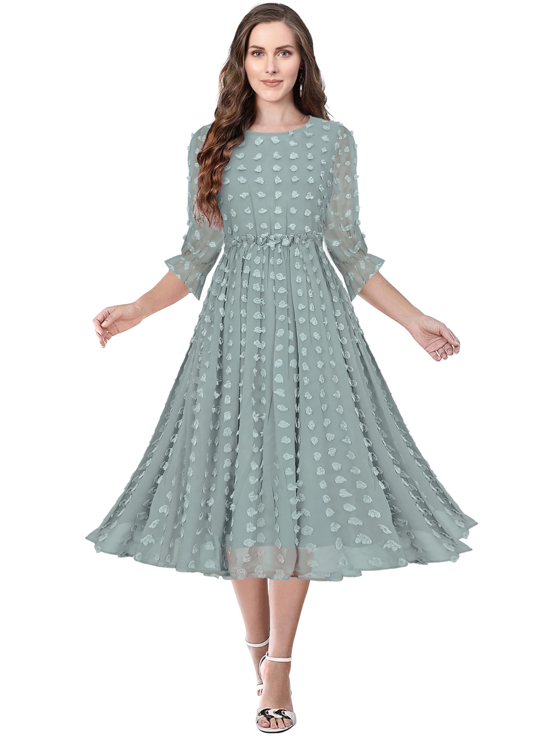 Toochki Women's Sea Green Dobby Georgette Woven Fit & Flared Western Dress | Dress For Women | A Line Dress | Winter Dress | Western Dress | Latest Women Dress | Trendy Dress | Midi Dress
