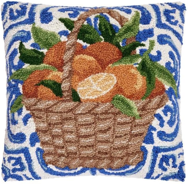 Peking Handicraft Mediterranean Oranges Hook Pillow, 16 x 16-Inch, Blue, Orange