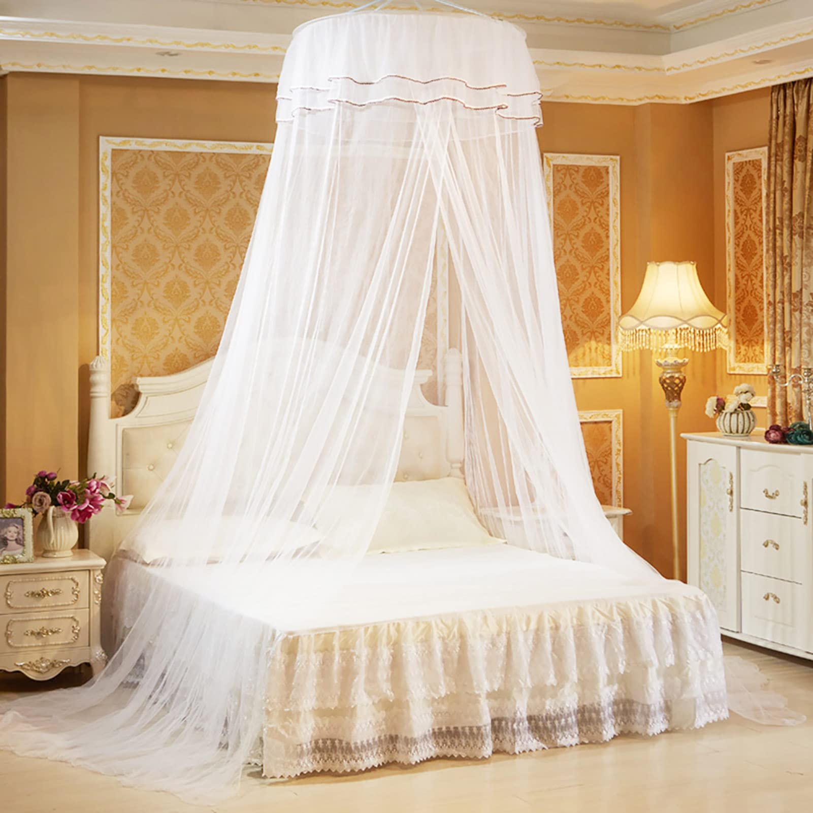 SustVita Breathable Bed Curtain, Net Bed Canopy with Round Princess Lace Design for Full to Queen Size, Nice for Home Decor (White)