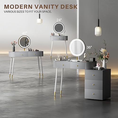 Miniatura 8 de WinZo Mesa de tocador de 24" con espejo y luces, pequeña mesa de tocador de maquillaje con 1 cajón de almacenamiento, elegante mesa de tocador con