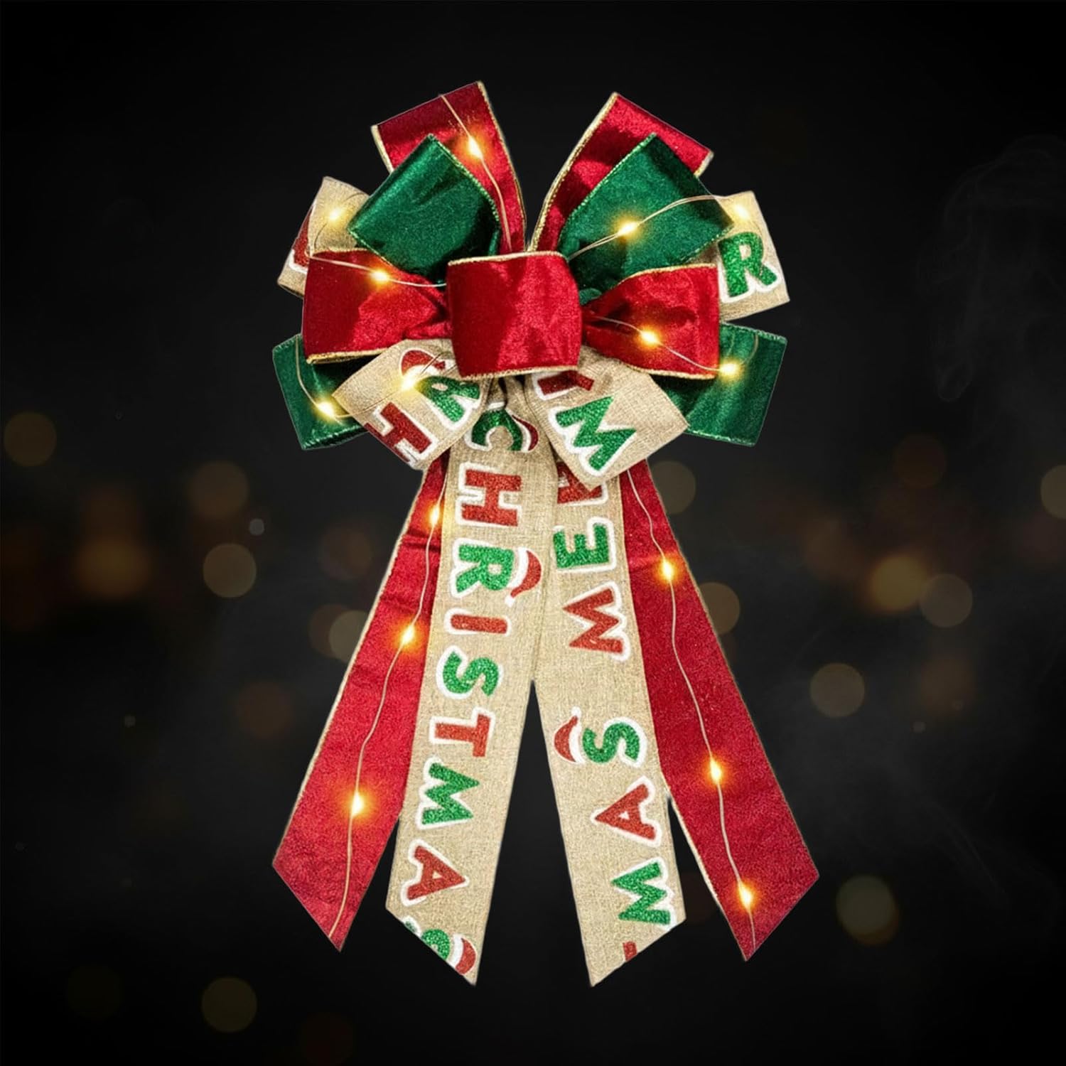 Large Christmas Wreath Bows LED Light Merry Christmas Red Green Velvet Ribbon Bows for Wreath, Tree Topper Bows for Xmas Home Indoor Outdoor Party Decoration Wreath Ornament Supplies