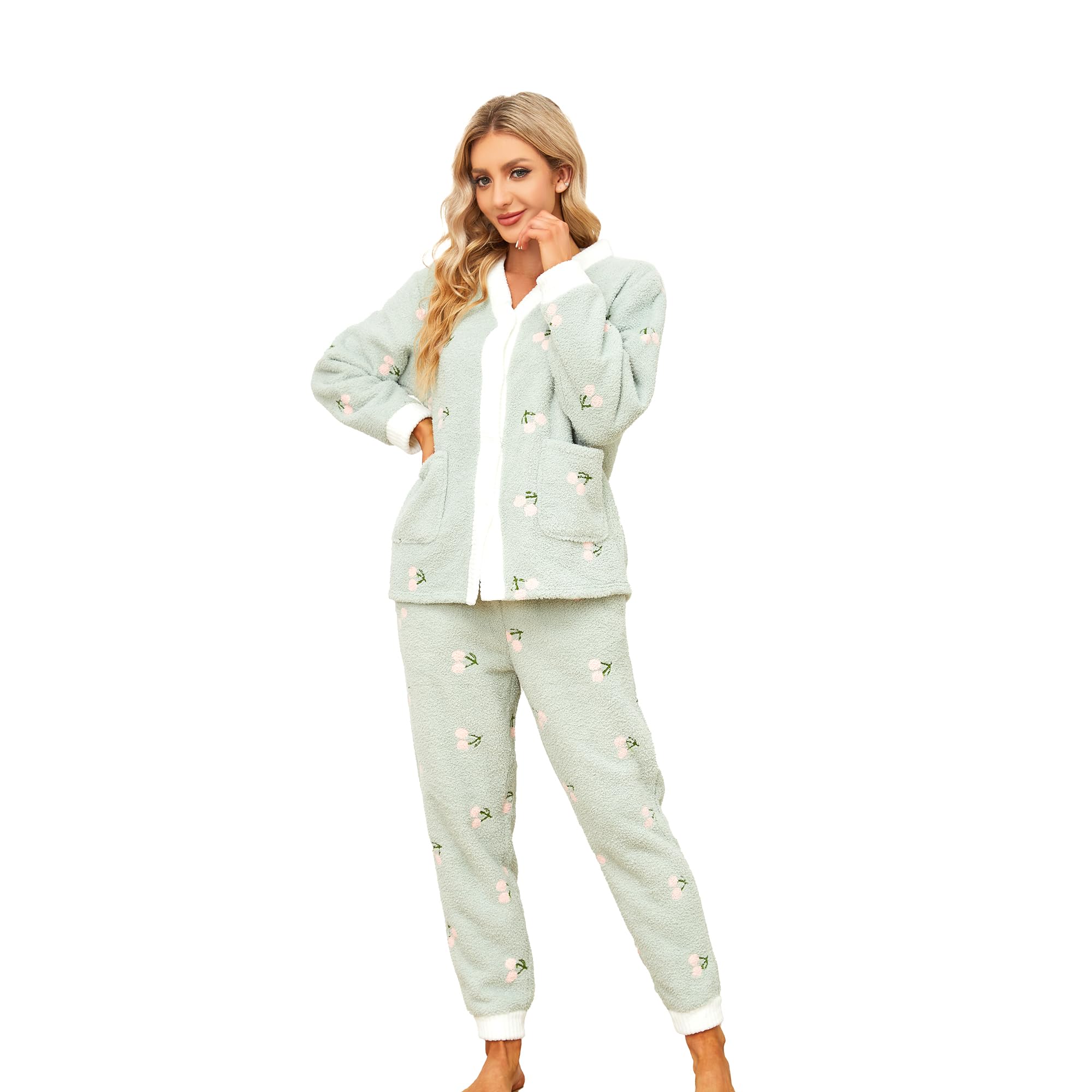 LYCY Damen Plüsch Schlafanzug flauschig, weiches warmes Fleece Pyjama für Frauen Niedlich Bestickt zweiteilges Pyjs Set