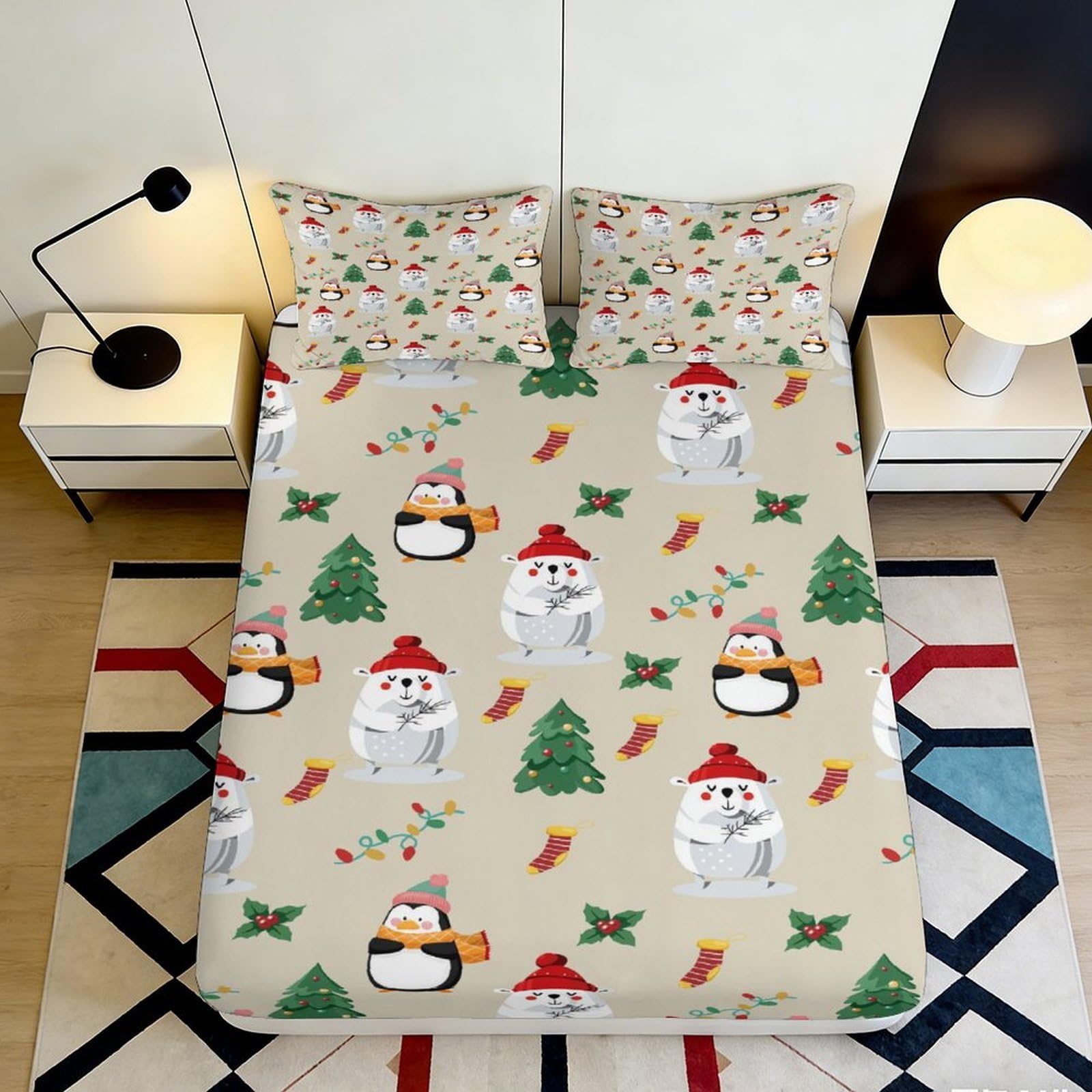Jqzkxnhpbr Style-7 3D Printed Christmas Cat Fitted Sheet Microfiber Soft Holiday Penguin Bed Cover For Bedroom Dorm Decor 90X200x25cm