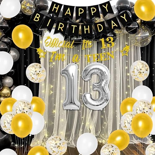 Miniatura 6 de Decoraciones de cumpleaños número 13 para niños y niñas, suministros de fiesta de cumpleaños número 13 negro dorado con pancarta colgante en espiral