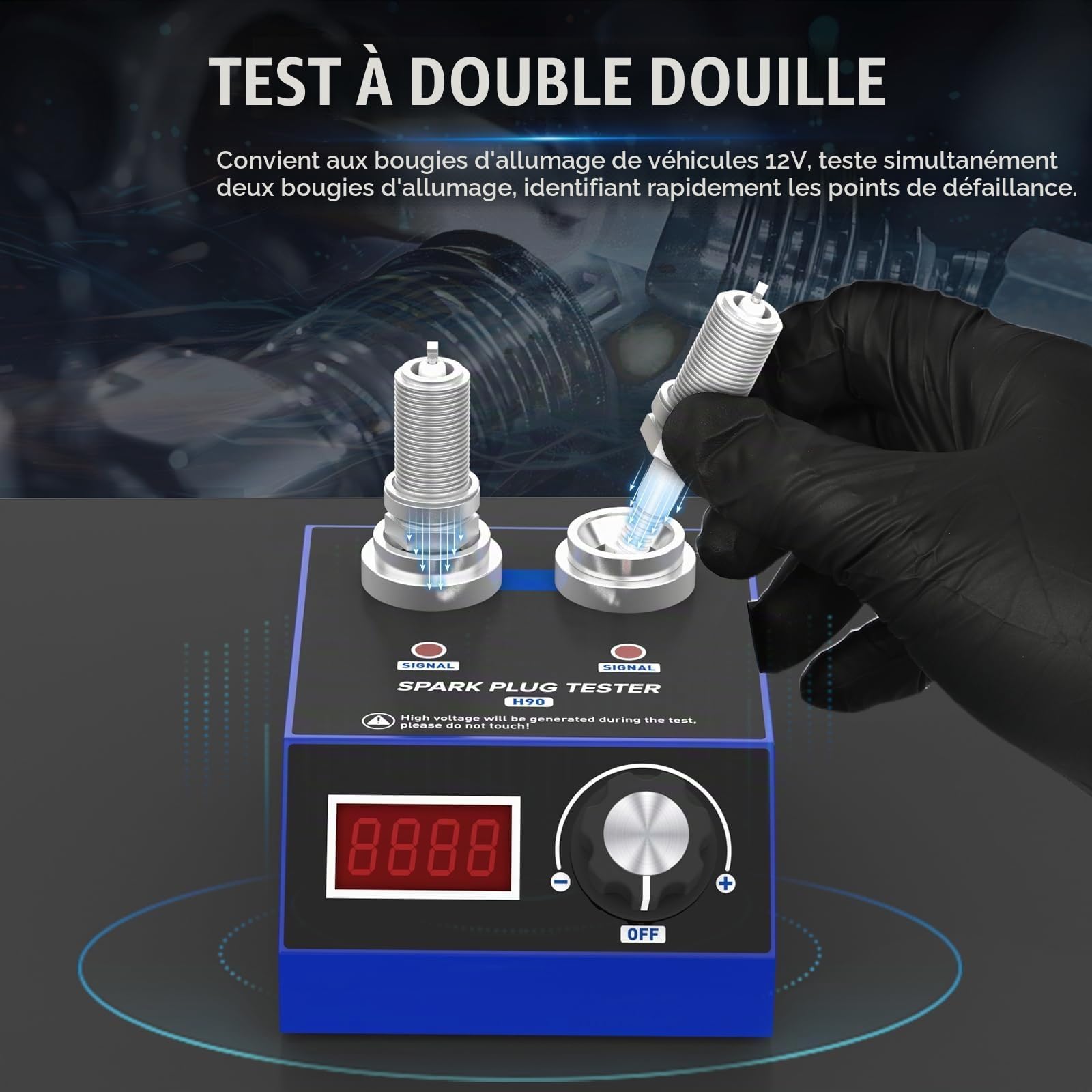 PLAYOCCAR 110V/220V Testeur de bougies - Double trou Automobile Testeur de bougies d'allumage pour bougies longues, Fréquence 500~9000RPM, Bougie d'allumage pour voiture à essence,avec affichage, pour