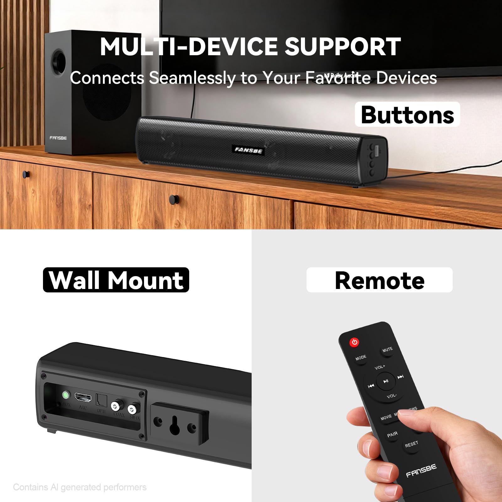 Barre de son TV Bluetooth, système de barre de son Home Cinéma, haut-parleurs TV, barres de son, caisson de basses, HDMI (ARC) OPT coaxial AUX USB 2.1 CH Home Audio TVs/PC/projecteur Treble Bass 3