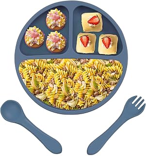 Wee me Suction Plates for Baby & Toddler, 100% Silicone Divided Baby Plates with Spoon Fork, Stay Put with 4 Suction Cups, BPA Free, Microwave & Dishwasher Oven Safe (Ether)