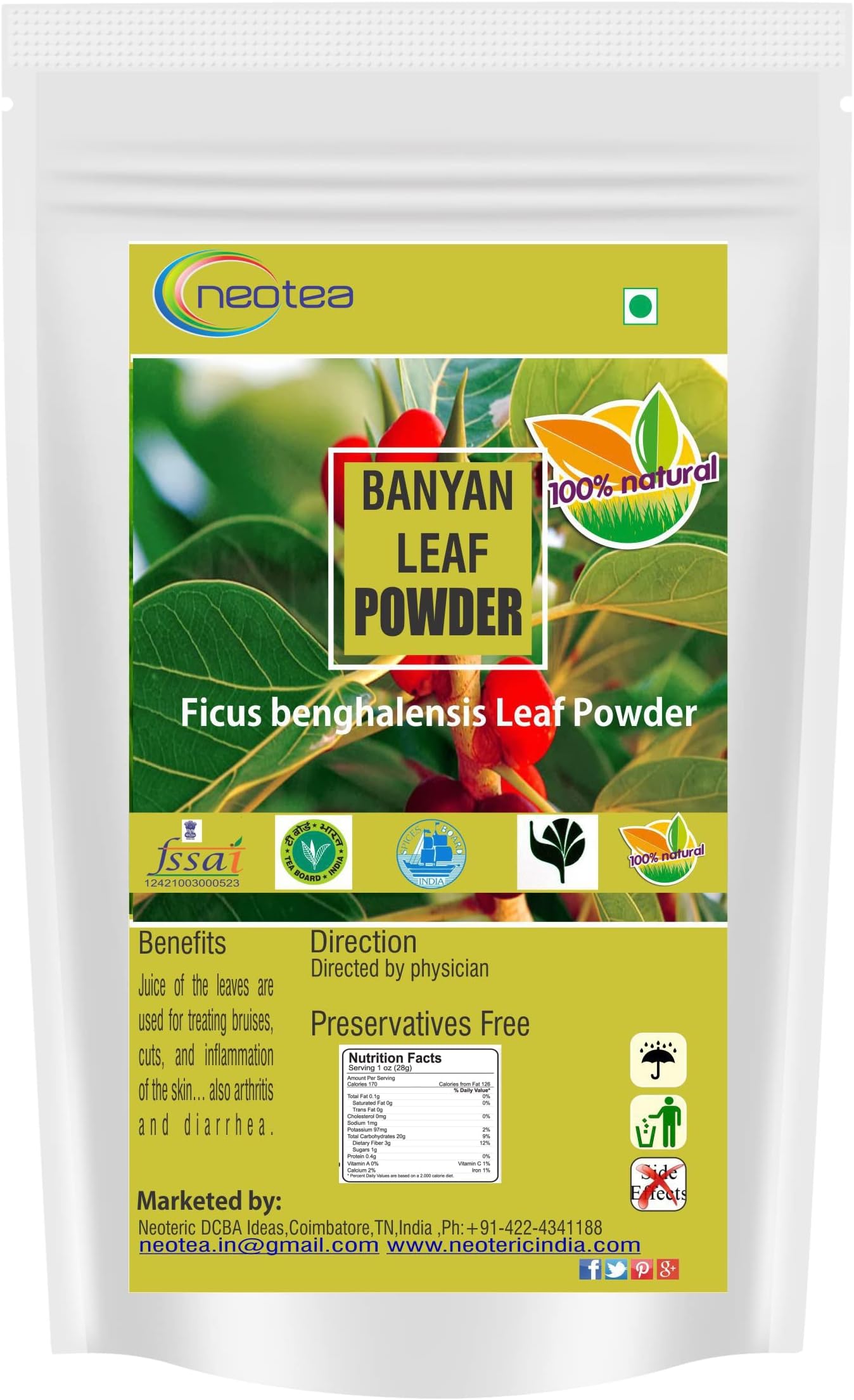 Neotea Banyan Leaf Powder | Aalam Ilai | Ficus Benghalensis | Marri Udala | Bargad | Bahupada | Root & Jad | Natural Remedy for Tooth Problems, Oral Health, Skin Care, Digestive Support, Blood Sugar & Immune Boost 1 Kg